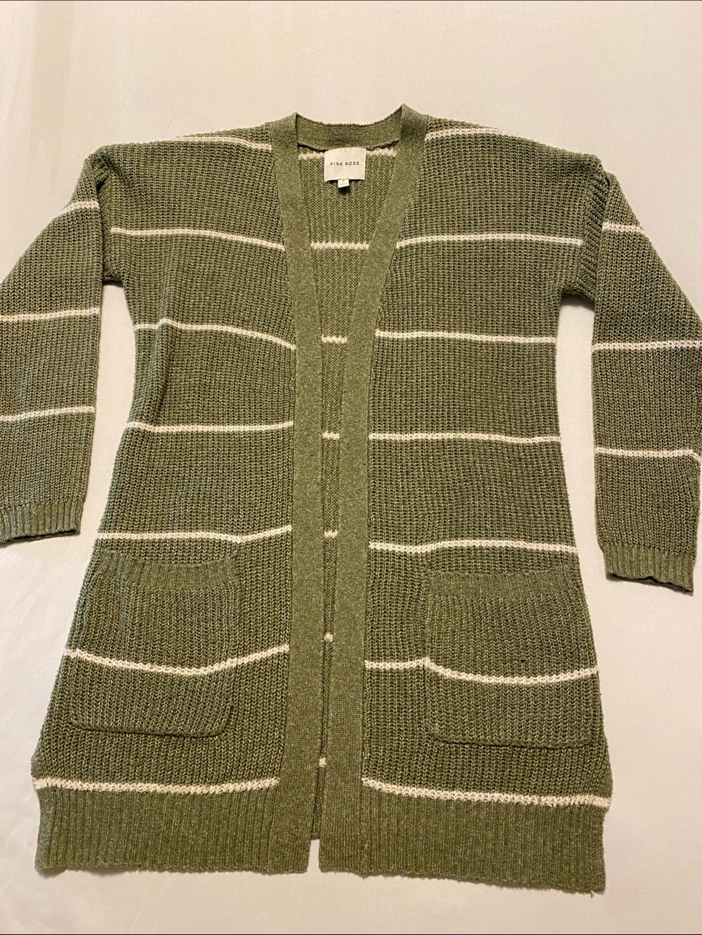 Pink Rose Olive Green and Cream Striped Open-Front Long Cardigan. Small